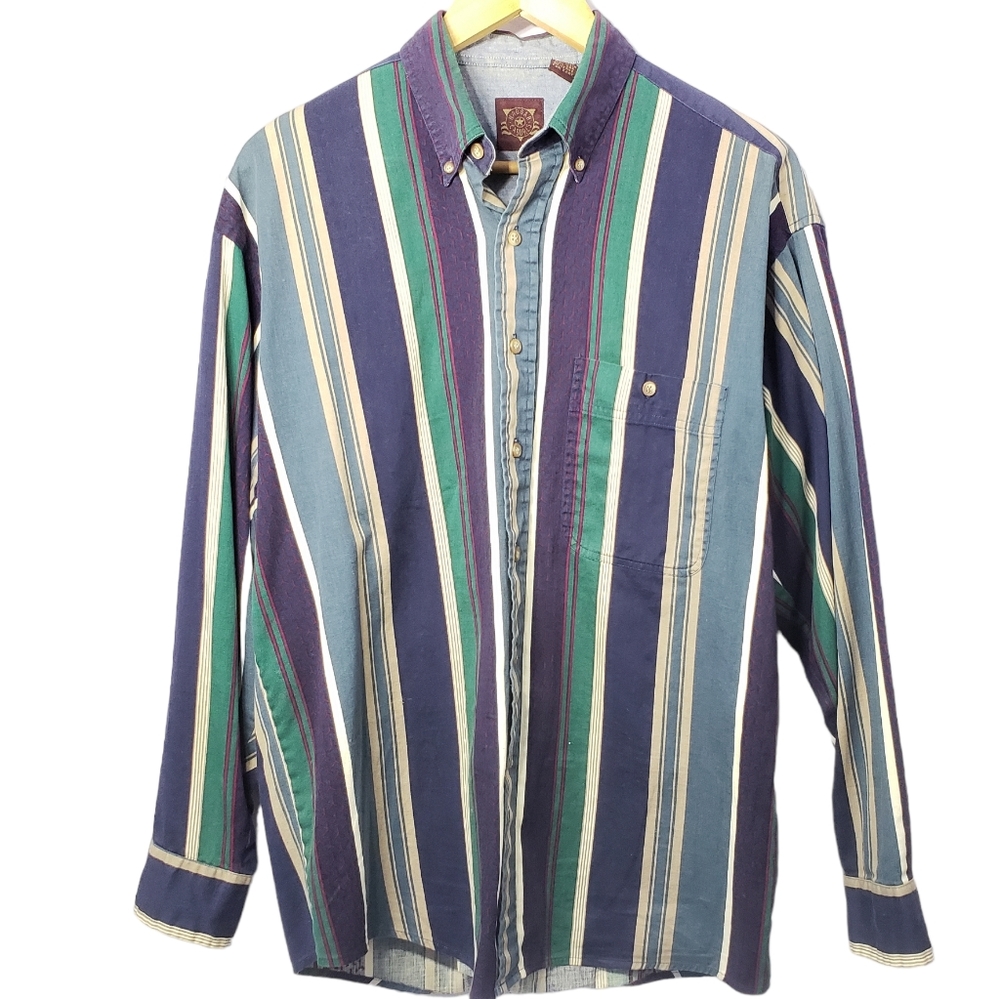 Men's Haggar Casuals Blue Tan White Burgundy Green Vertical Stripe Shirt, Medium